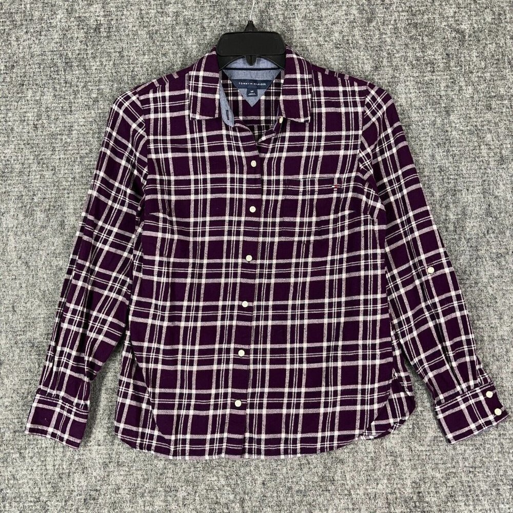 Tommy Hilfiger Shirt Womens Purple Plaid Flannel Button Front sz Small